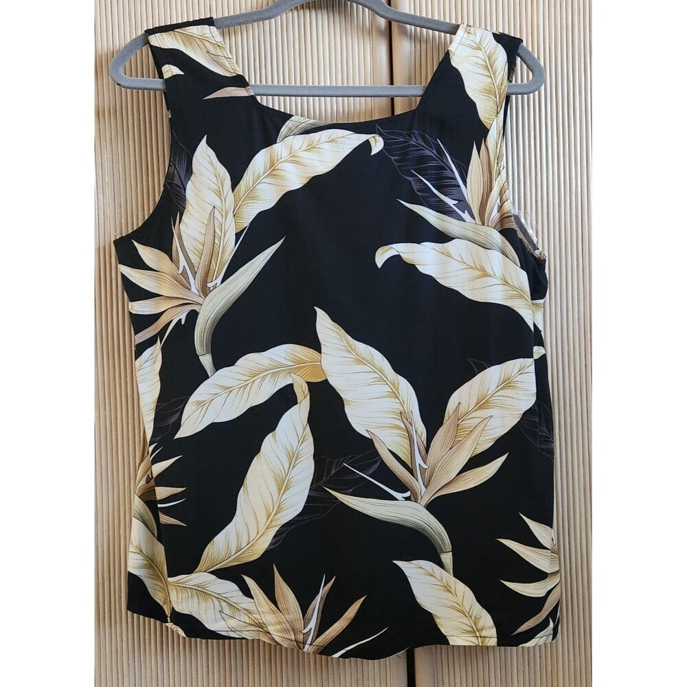 Bishop St Women's Top Size L Black Tan Aloha Hawaiian Floral Sleeveless Tank - Picture 2 of 4